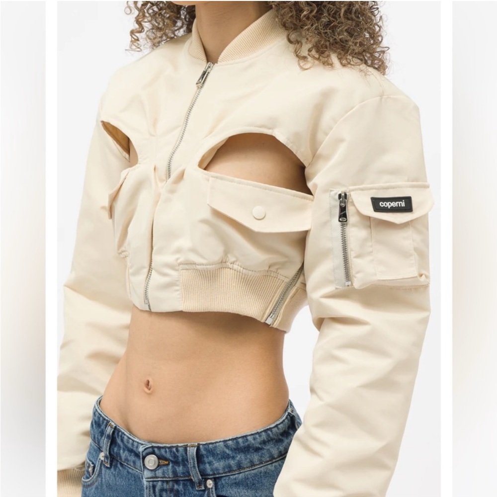 Coperni  Cream Cut-Out Cropped Bomber Jacket Vanilla
